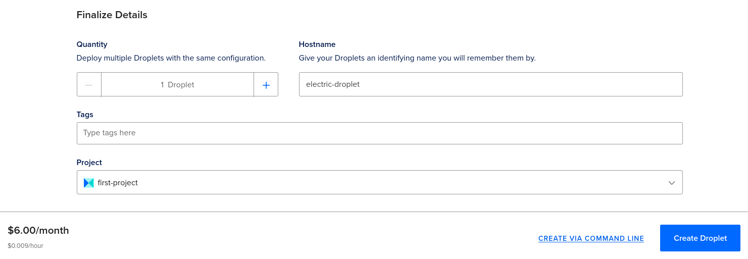 Create Droplet: Finalize Details